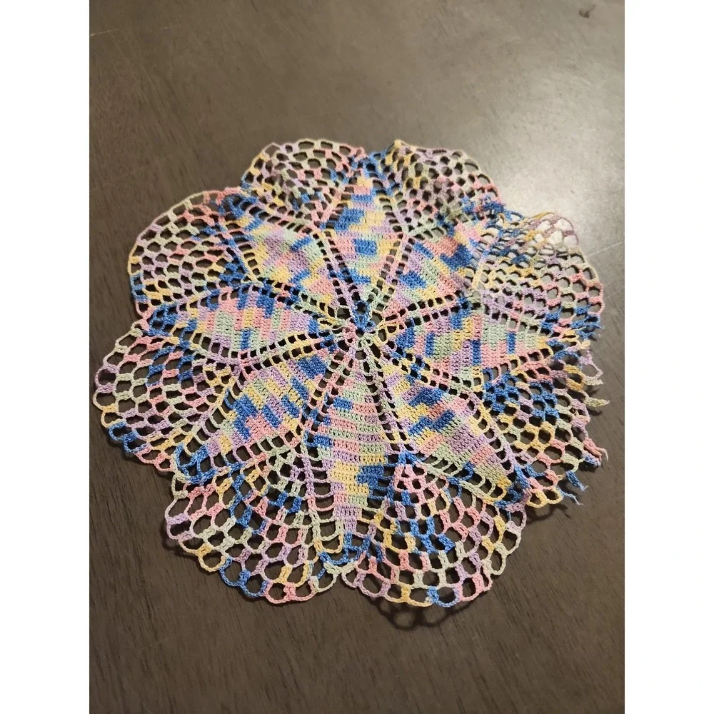 Vintage Pastel Variegated Crochet Doilies Set 2 Colorful Maximalist Decor Flaw*